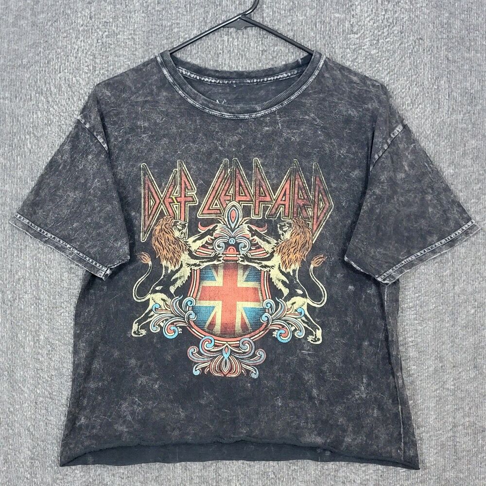 Def Leppard T-Shirt Womens S Black Acid Wash Lion Crest Union Jack Flag Cropped